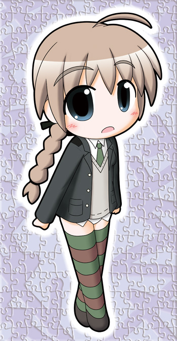 aoba (kona), aoba (pixiv191103), lynette bishop, strike witches, world witches series, bad id, bad pixiv id, 00s, 1girl, ahoge, blue eyes, braid, brown hair, chibi, female focus, long hair, panties, puzzle, single braid, solo, striped clothes, striped thighhighs, thighhighs, underwear
