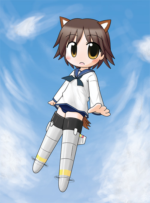 aoba (kona), aoba (pixiv191103), miyafuji yoshika, strike witches, world witches series, bad id, bad pixiv id, 00s, 1girl, animal ears, brown eyes, brown hair, day, female focus, school uniform, serafuku, short hair, sky, solo, striker unit, swimsuit, swimsuit under clothes, tail
