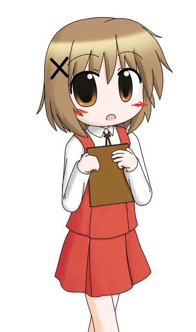 aoba (kona), aoba (pixiv191103), yuno (hidamari sketch), hidamari sketch, bad id, bad pixiv id, 00s, 1girl, brown eyes, brown hair, female focus, hair ornament, open mouth, school uniform, short hair, solo, yamabuki high school uniform