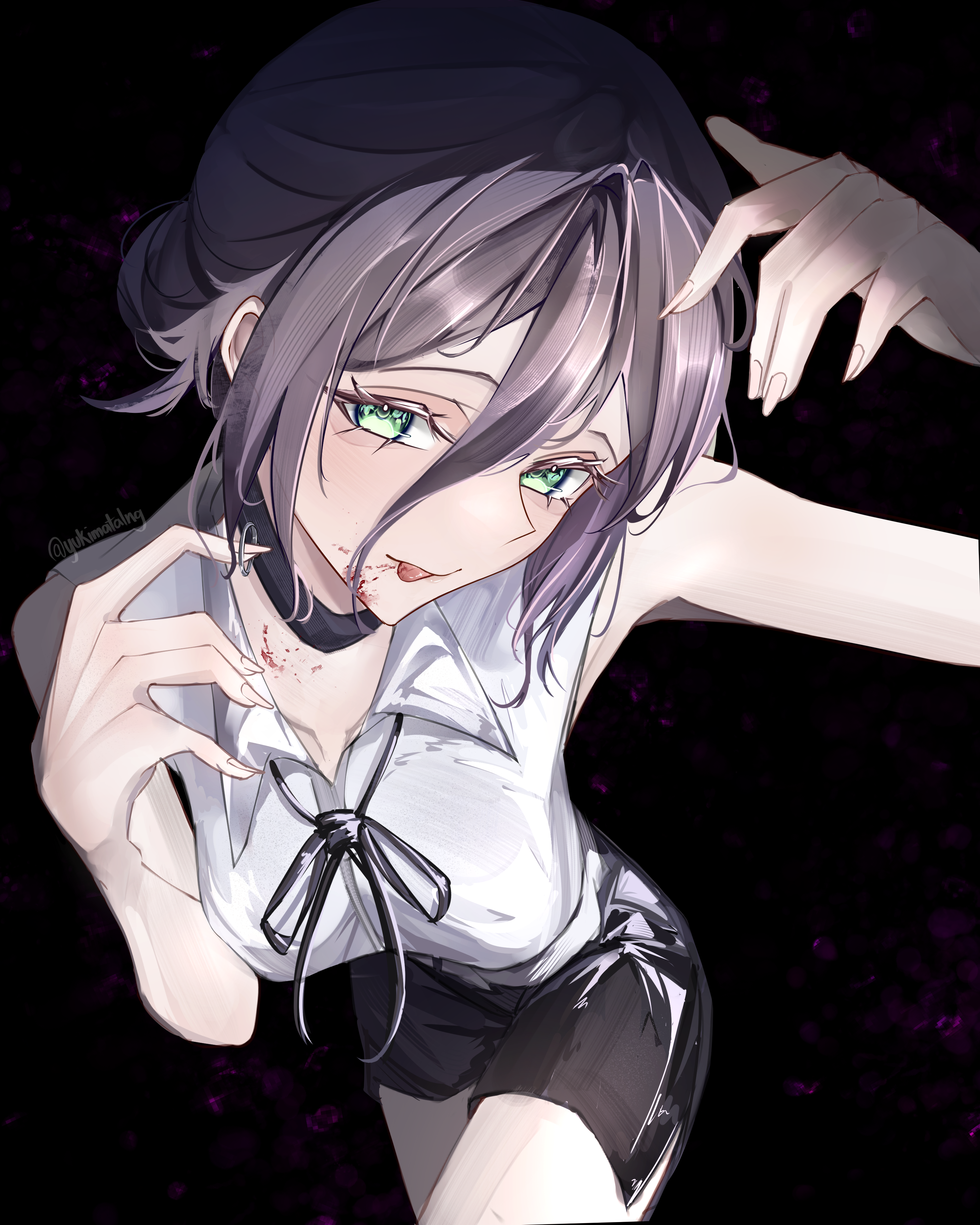 yukimatalng, reze (chainsaw man), chainsaw man, absurdres, highres, 1girl, black background, black choker, black hair, black ribbon, black shorts, blood, blood on face, breasts, choker, green eyes, grenade pin, hair between eyes, large breasts, leaning forward, neck ribbon, ribbon, shirt, shorts, solo, white shirt