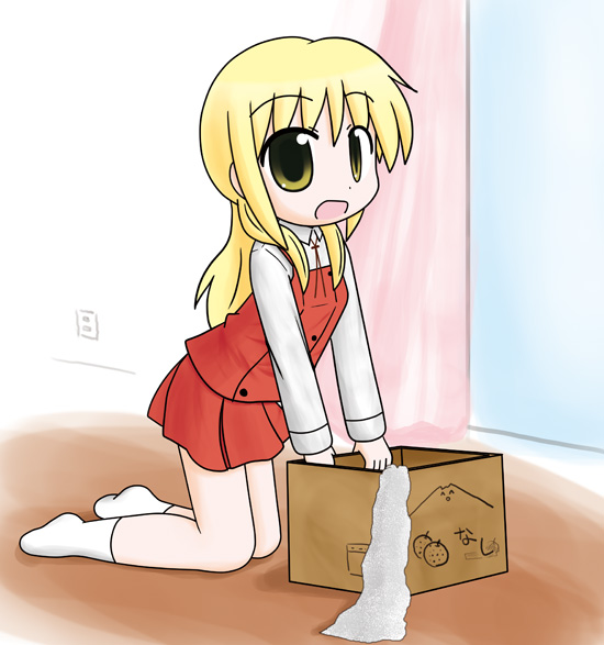 aoba (kona), aoba (pixiv191103), miyako (hidamari sketch), hidamari sketch, bad id, bad pixiv id, 00s, blonde hair, box, cardboard box, kneeling, school uniform, solo, yamabuki high school uniform, yellow eyes