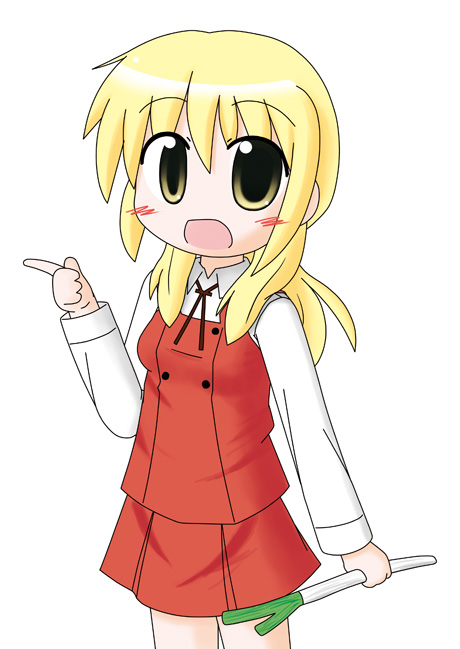 aoba (kona), aoba (pixiv191103), miyako (hidamari sketch), hidamari sketch, bad id, bad pixiv id, 00s, blonde hair, school uniform, solo, spring onion, yamabuki high school uniform, yellow eyes