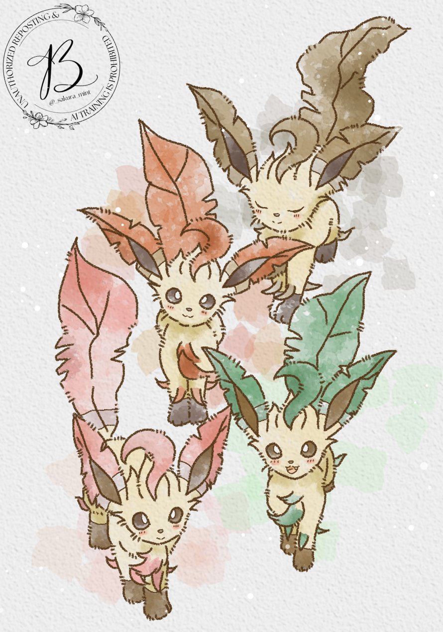 baya (sakura mint), leafeon, nintendo, pokemon, highres, alternate color, alternate shiny pokemon, animal focus, blush, brown eyes, brown fur, closed eyes, closed mouth, full body, gen 4 pokemon, green fur, leaf, looking at viewer, no humans, open mouth, orange fur, pink fur, pokemon (creature), pokemon focus, simple background, smile, tail, yellow fur
