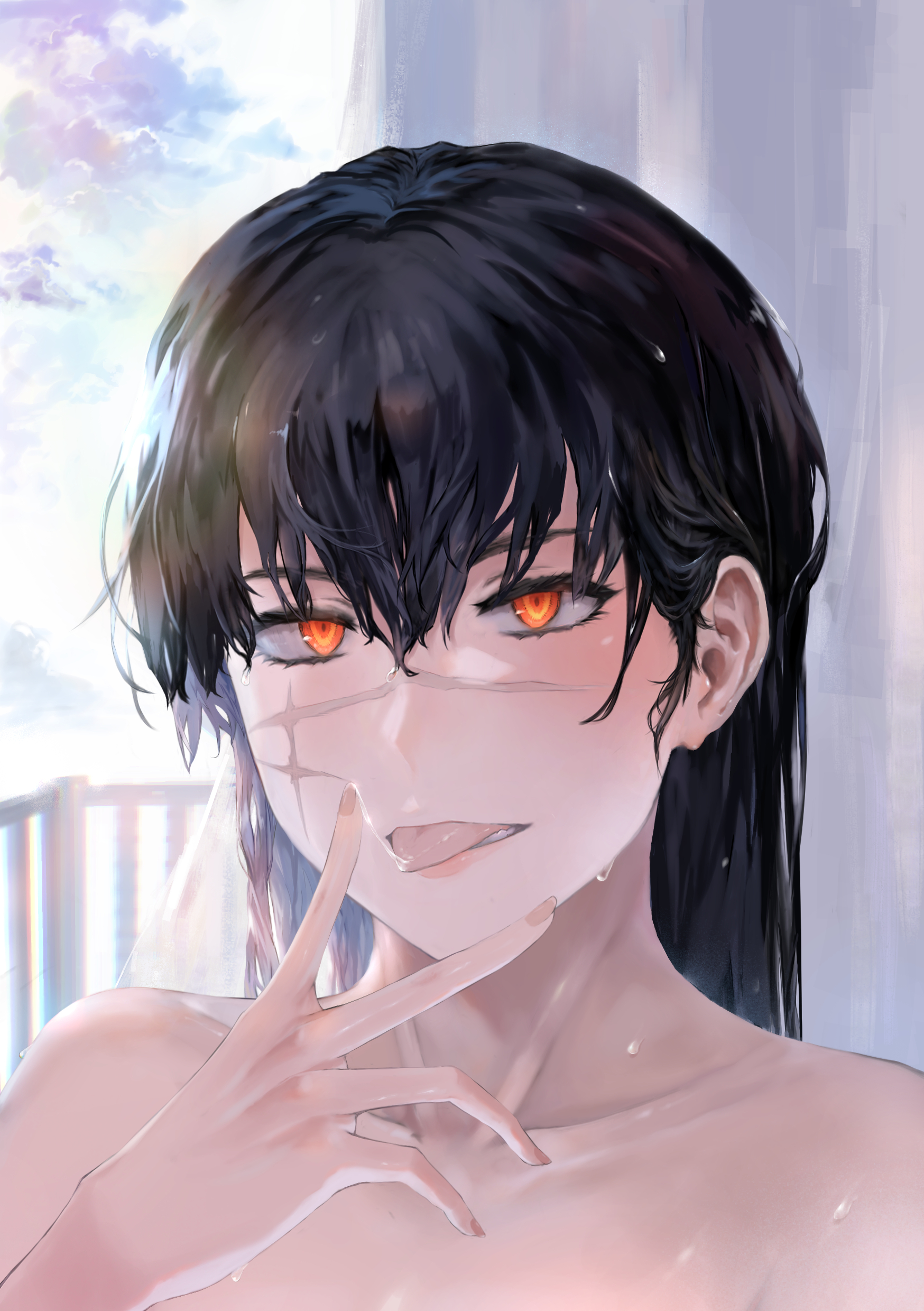 nodokana yuki, yoru (chainsaw man), chainsaw man, absurdres, highres, 1girl, after bathing, black hair, facial scar, hair between eyes, long hair, looking at viewer, orange eyes, scar, scar on cheek, scar on face, scar on nose, solo, tongue, tongue out, wet
