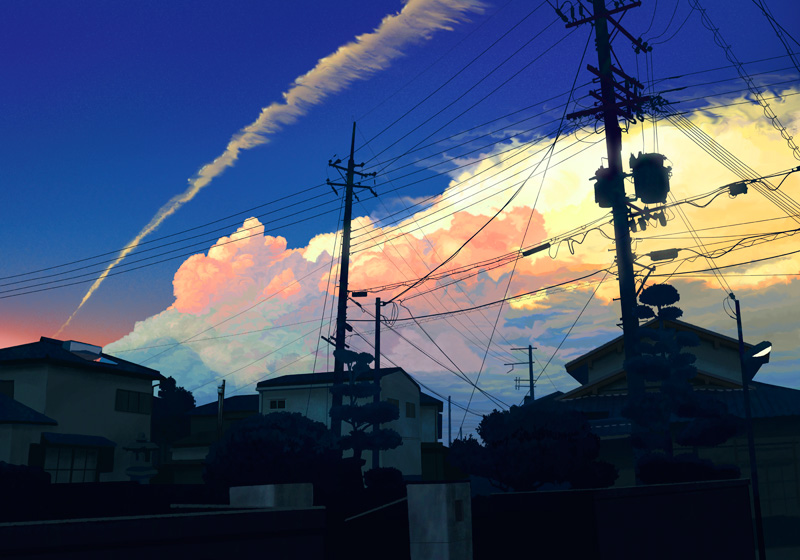 shijimi, city, cloud, contrail, dark, house, no humans, power lines, scenery, sky