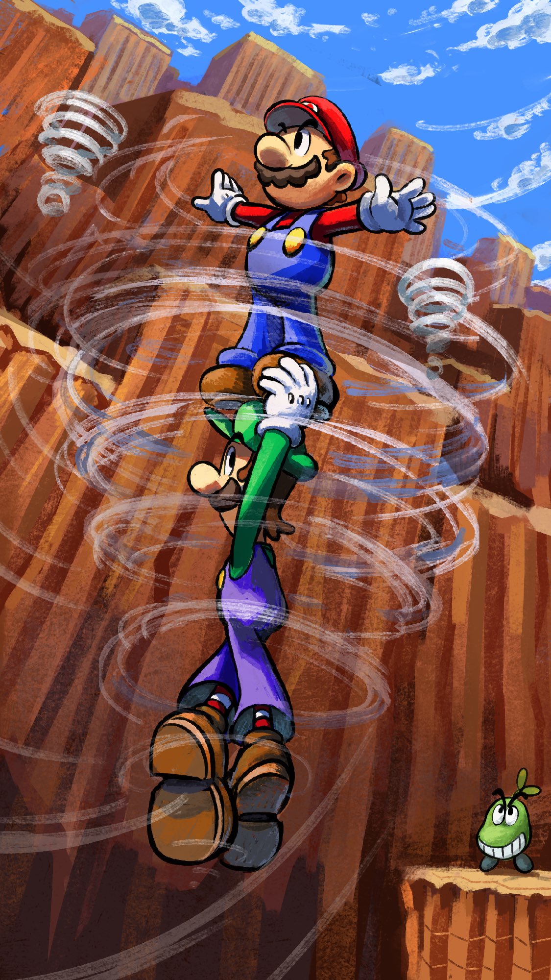 yamari (ya mari 6363), beanie (mario), luigi, mario, mario & luigi: superstar saga, mario & luigi rpg, mario (series), nintendo, highres, 2boys, blue overalls, blue sky, boots, brothers, brown boots, brown hair, day, facial hair, gloves, green hat, green shirt, hat, masanori sato (style), multiple boys, mustache, outdoors, overalls, red hat, red shirt, red socks, shirt, short hair, siblings, sky, socks, striped clothes, striped socks, tornado, two-tone socks, white gloves, white socks