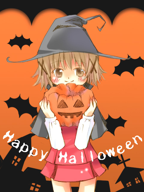 yuko (nyakkikki), yuko (pixiv495246), yuno (hidamari sketch), hidamari sketch, bad id, bad pixiv id, 00s, 1girl, bat (animal), brown eyes, brown hair, female focus, halloween, happy halloween, hat, jack-o'-lantern, orange background, pumpkin, short hair, solo, witch hat