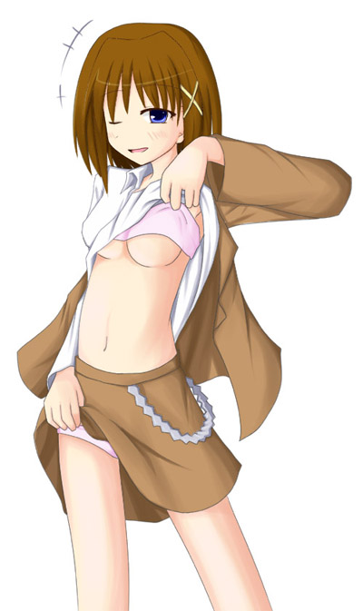 yuuki shougo, yagami hayate, lyrical nanoha, mahou shoujo lyrical nanoha, mahou shoujo lyrical nanoha strikers, 00s, 1girl, breasts, clothes lift, female focus, hair ornament, midriff, one eye closed, shirt lift, skirt, skirt lift, solo, underboob, wink, x hair ornament