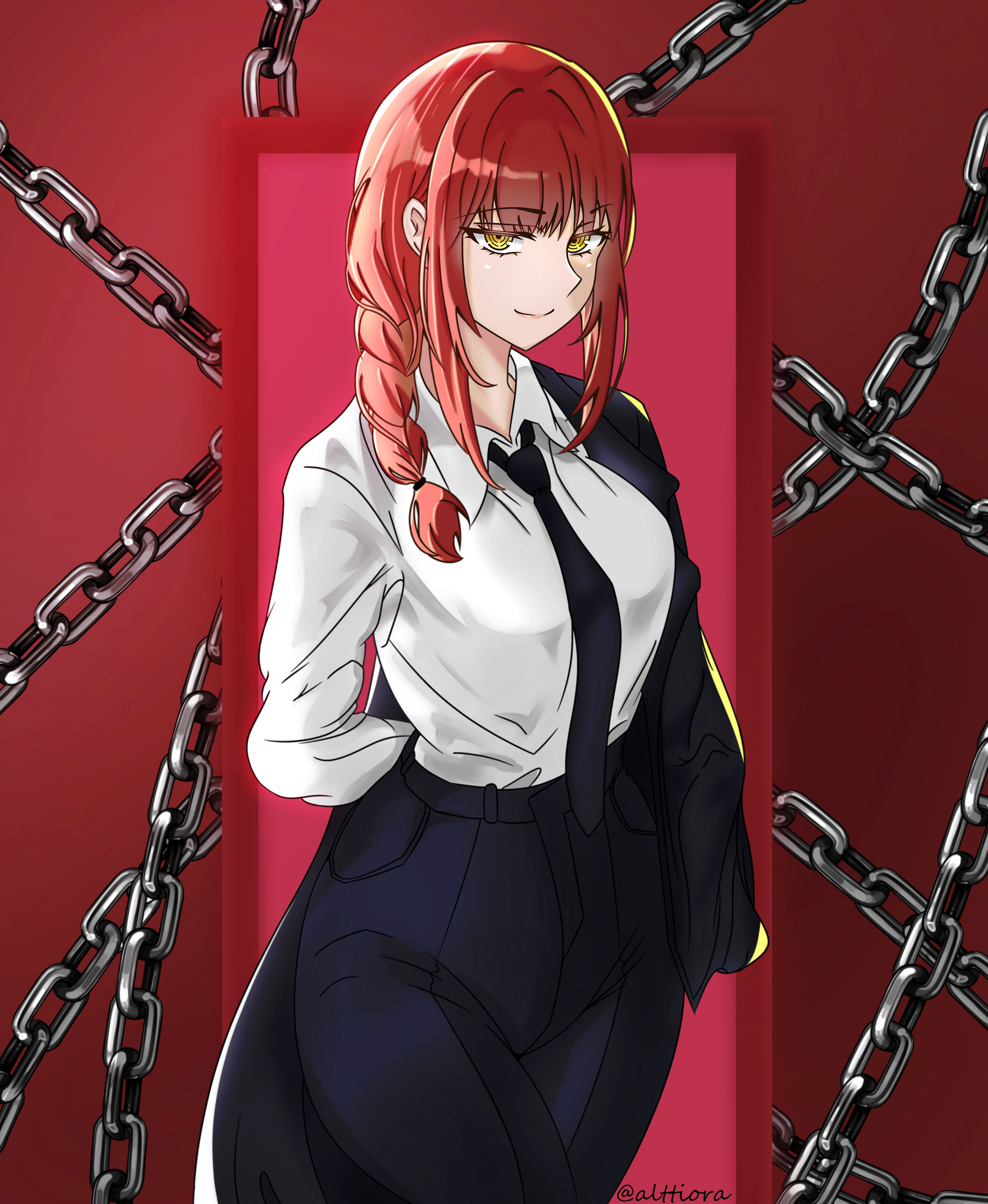 yukimatalng, makima (chainsaw man), chainsaw man, absurdres, highres, 1girl, arms behind back, black coat, black necktie, black pants, braid, chain, closed mouth, coat, collared shirt, formal clothes, long hair, looking at viewer, necktie, pant suit, pants, red hair, ringed eyes, shirt, shirt tucked in, sidelocks, smile, solo, suit, white shirt, yellow eyes