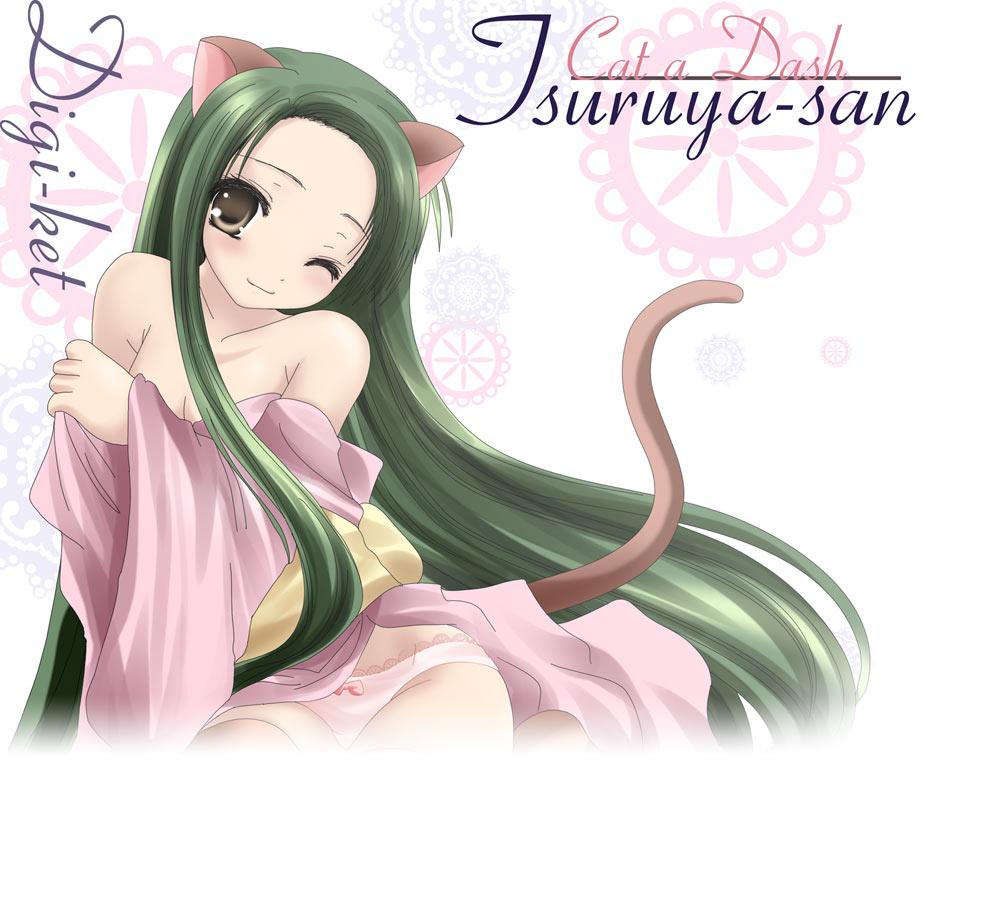 animal ears, breasts, brown eyes, cat ears, cat tail, cleavage, green hair, japanese clothes, panties, tail, tsuruya san, underwear, wink