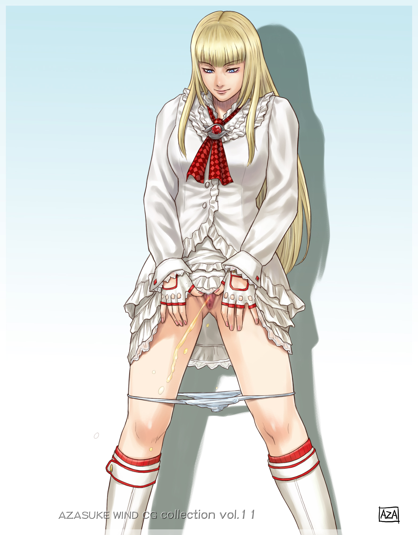 azasuke, emilie de rochefort, tekken, highres, 1girl, blonde hair, boots, censored, clothes lift, dress, dress lift, female focus, frills, kneehighs, long hair, panties, panty pull, pee, peeing, pussy, socks, solo, spread pussy, spreading own pussy, underwear