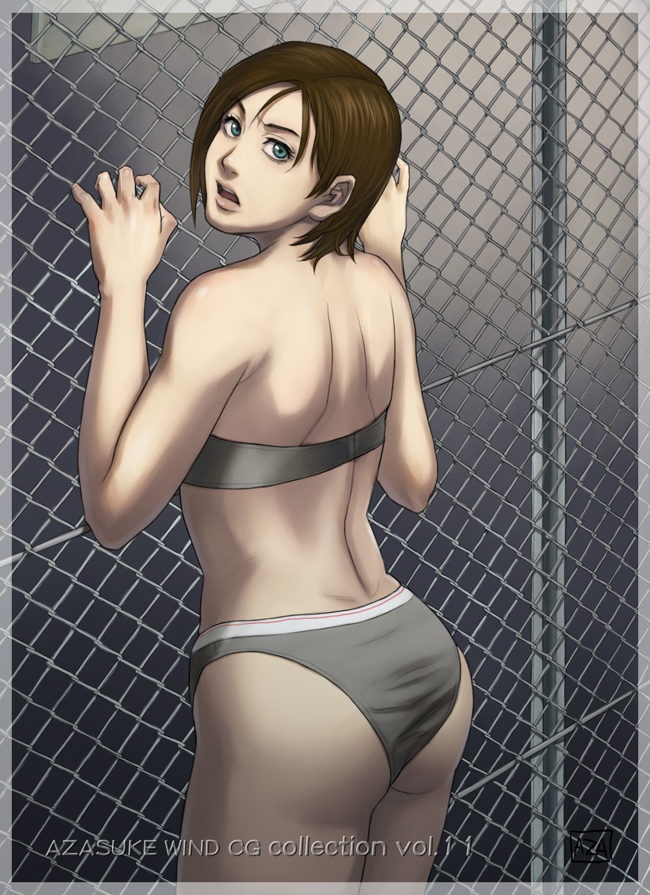 azasuke, jill valentine, resident evil, resident evil 3: nemesis, highres, 1girl, against fence, ass, back, blue eyes, bra, brown hair, chain-link fence, female focus, fence, green eyes, grey bra, grey panties, lingerie, looking back, open mouth, panties, short hair, solo, strapless, strapless bra, underwear, underwear only