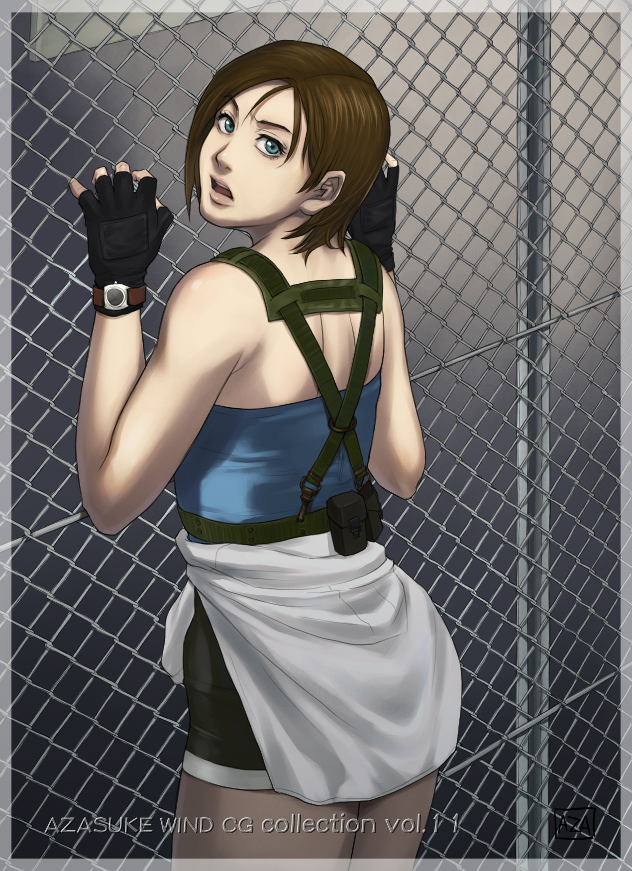 azasuke, jill valentine, resident evil, resident evil 3: nemesis, highres, 1girl, against fence, back, blue eyes, brown hair, chain-link fence, female focus, fence, fingerless gloves, gloves, green eyes, looking back, miniskirt, open mouth, pencil skirt, short hair, skirt, solo