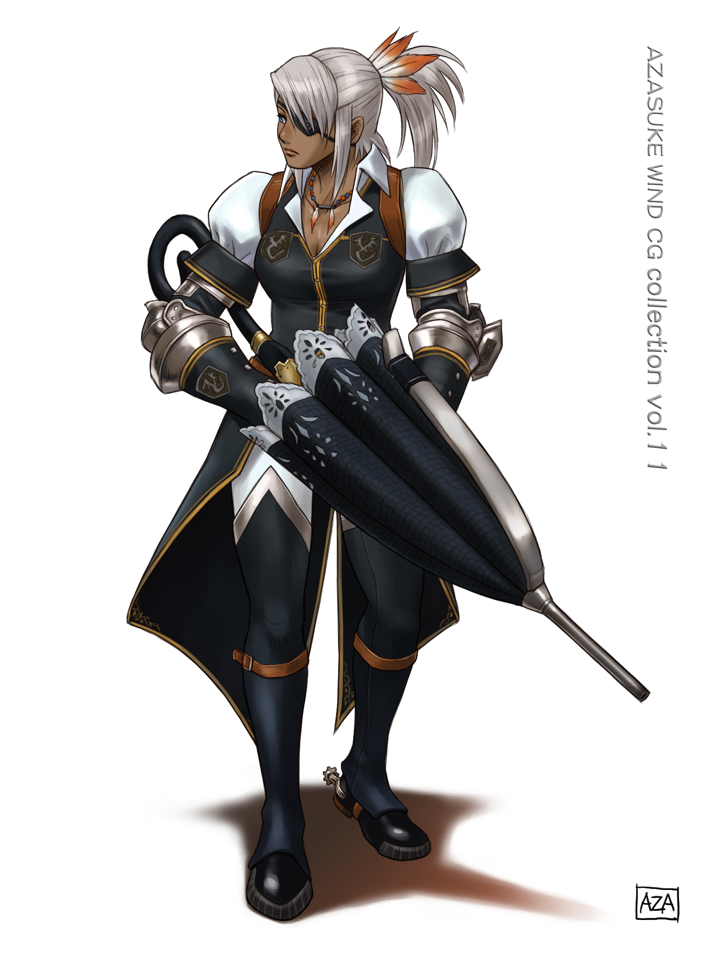 azasuke, capcom, monster hunter (series), silver hair, character request, highres, 1girl, closed umbrella, dark-skinned female, dark skin, eyepatch, female focus, ponytail, solo, umbrella