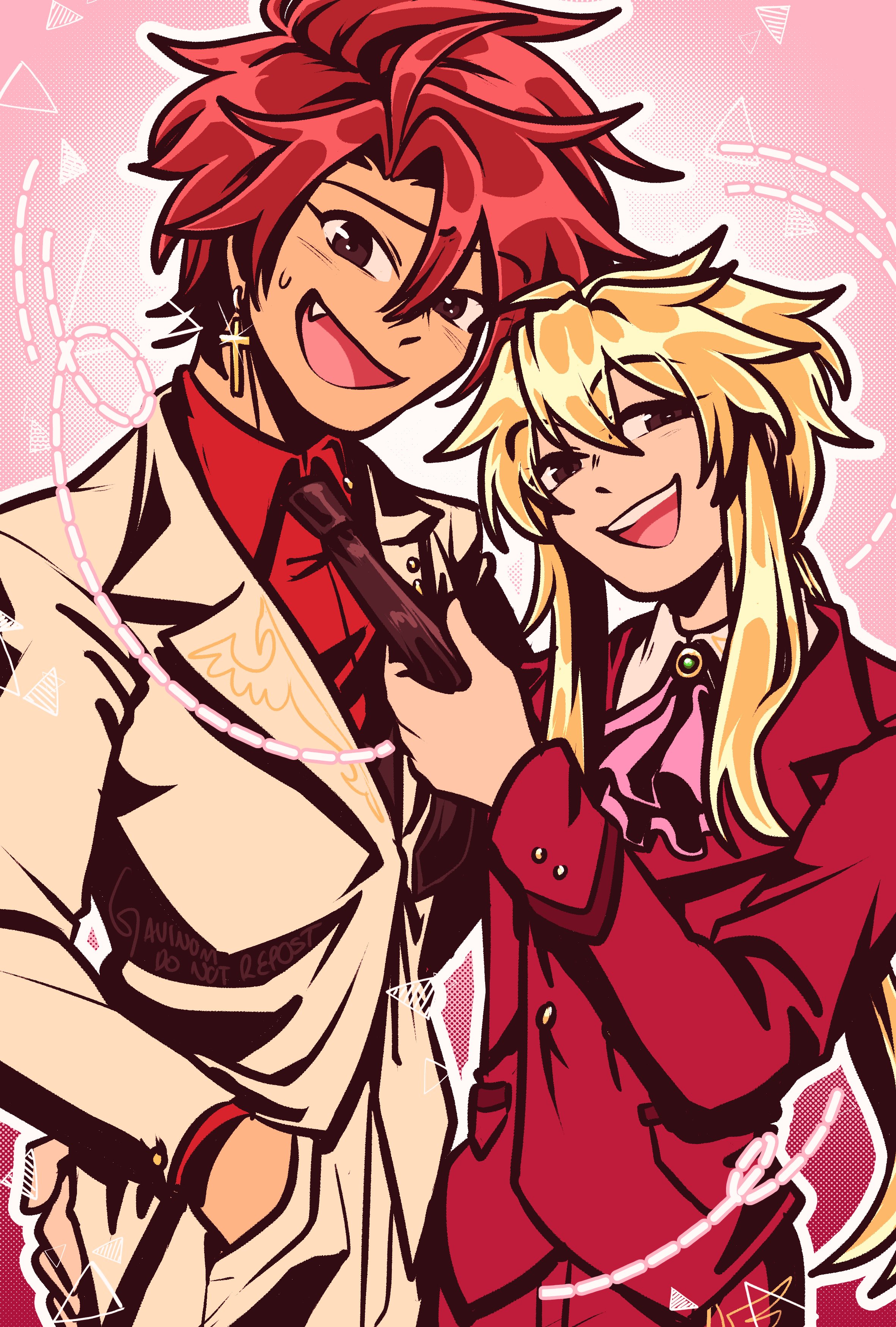 ushiromiya battler, ushiromiya lion, umineko no naku koro ni, absurdres, highres, 1boy, 1other, androgynous, ascot, battlercest, blonde hair, brown eyes, chest jewel, cross, earrings, formal clothes, jewelry, long hair, necktie, open mouth, pink ascot, ponytail, red hair, red shirt, red suit, shirt, short hair, smile, suit, white suit
