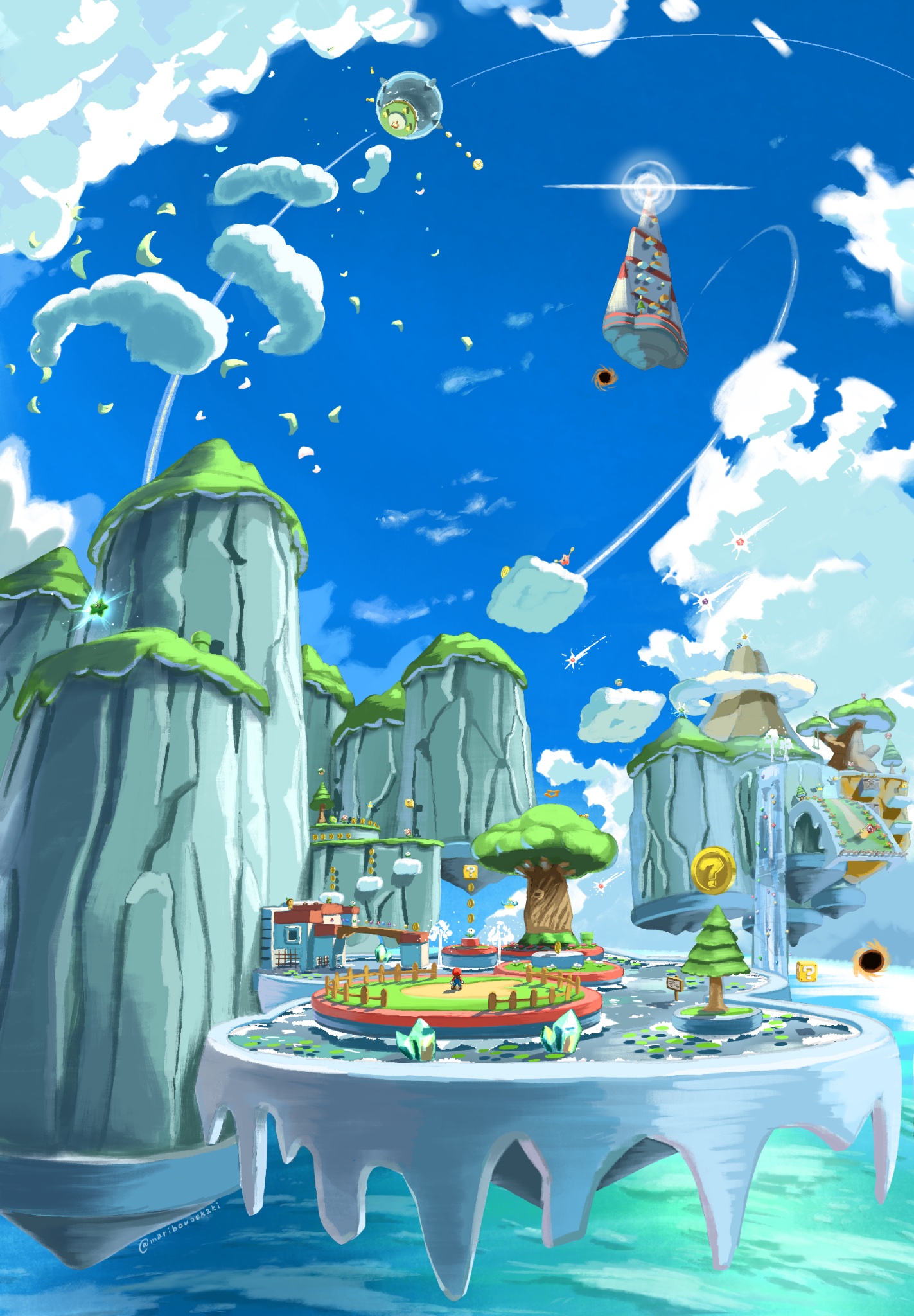 maribou (supermaribou), mario (series), nintendo, super mario galaxy 2, highres, ? coin, blue sky, cloud, coin, day, floating island, fluffy bluff galaxy (mario), gold coin, grass, outdoors, scenery, sky, tree