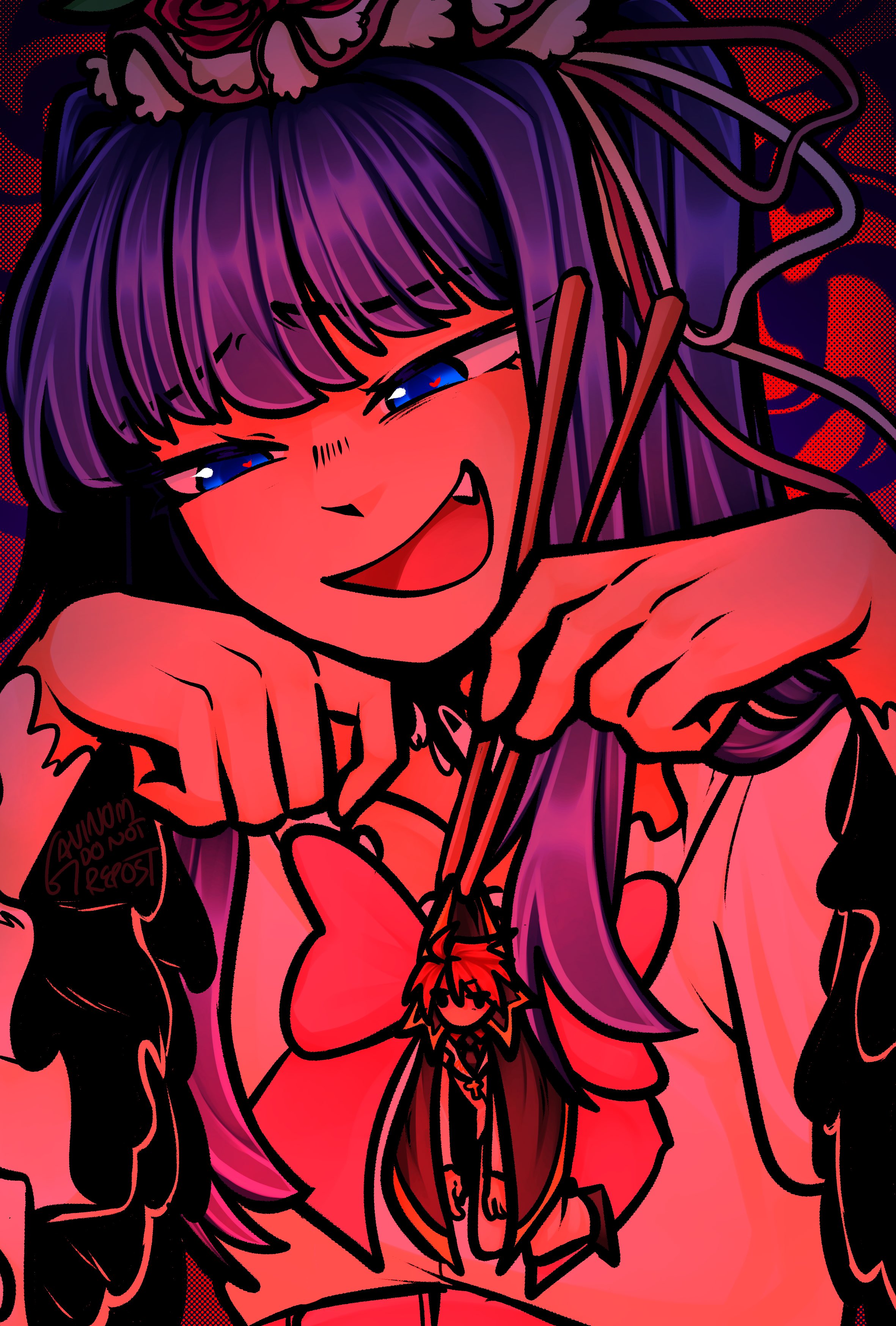 gavinom123, furudo erika, ushiromiya battler, umineko no naku koro ni, absurdres, highres, 1boy, 1girl, black coat, blue eyes, blue hair, blunt bangs, bow, chopsticks, coat, cross, dress, fang, flower, frills, hair flower, hair ornament, hat, heart, holding, holding mini person, long hair, mini person, open mouth, pink bow, red hair, twintails