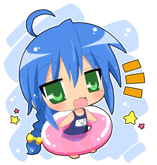 hahifuhe, izumi konata, lucky star, 00s, 1girl, ahoge, alternate hairstyle, braid, chibi, female focus, innertube, mole, mole under eye, one-piece swimsuit, school swimsuit, solo, swim ring, swimsuit