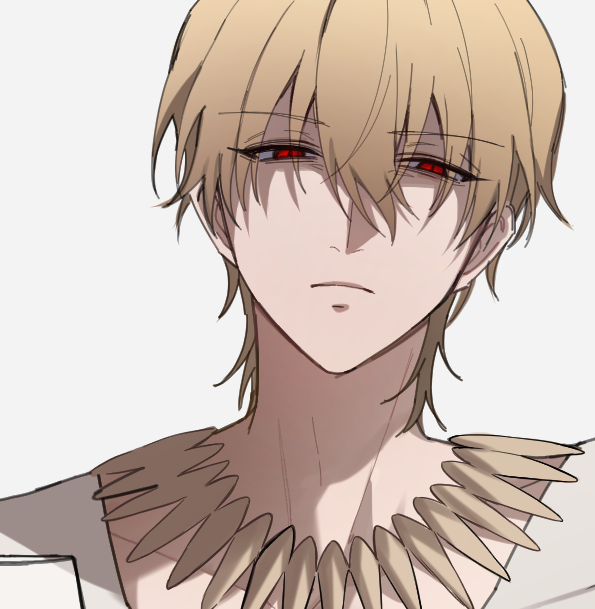 rijjin, gilgamesh (fate), fate/grand order, fate/stay night, fate (series), 1boy, blonde hair, jewelry, looking at viewer, male focus, necklace, portrait, red eyes, shirt, short hair, simple background, solo, white background, white shirt