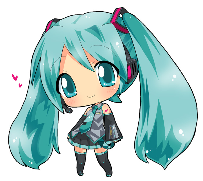 hahifuhe, hatsune miku, vocaloid, 1girl, aqua eyes, aqua hair, blush, chibi, detached sleeves, female focus, hair ornament, headphones, headset, heart, long hair, looking at viewer, necktie, simple background, skirt, smile, solo, thighhighs, twintails, very long hair, white background