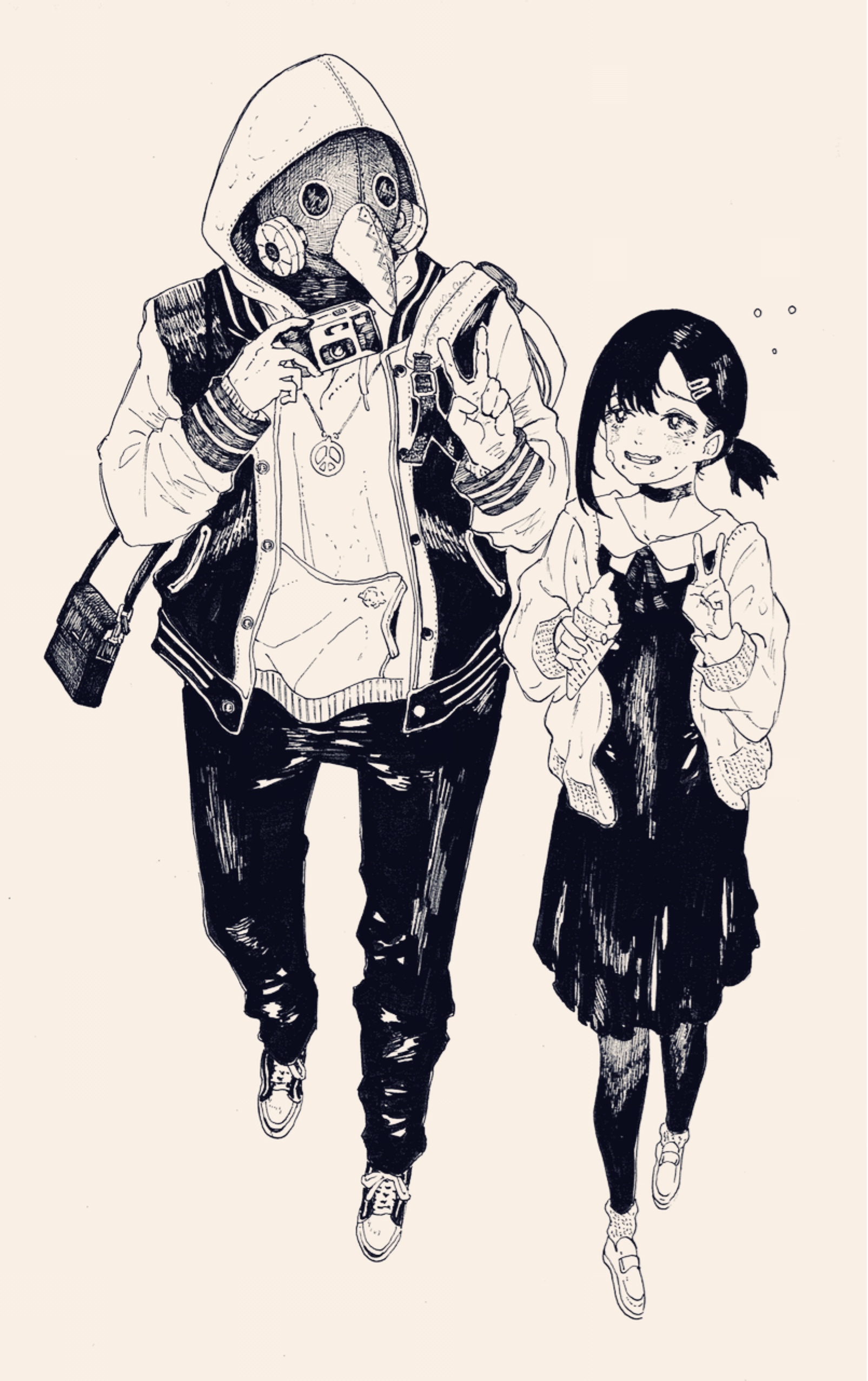 iinohibiki, higashiyama kobeni, violence fiend (chainsaw man), chainsaw man, absurdres, commentary, commentary request, highres, 1boy, 1girl, cardigan, choker, dress, full body, gas mask, greyscale, grin, height difference, holding, holding ice cream cone, hood, hoodie, ice cream cone, jacket, letterman jacket, looking at another, mask, mole, mole under eye, mole under mouth, monochrome, multiple hair clips, multiple moles, neck ribbon, pants, pantyhose, pinafore dress, ponytail, ribbon, short ponytail, simple background, single sidelock, sleeveless, sleeveless dress, smile, v