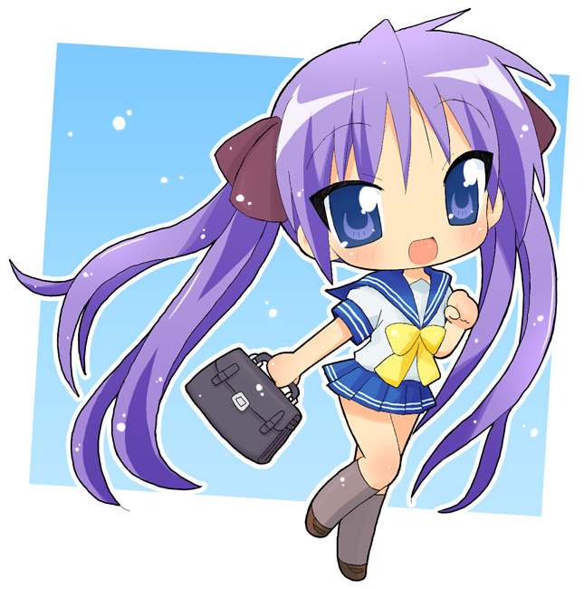 hahifuhe, hiiragi kagami, lucky star, 00s, bag, brown shoes, chibi, satchel, school bag, school uniform, serafuku, shoes, solo