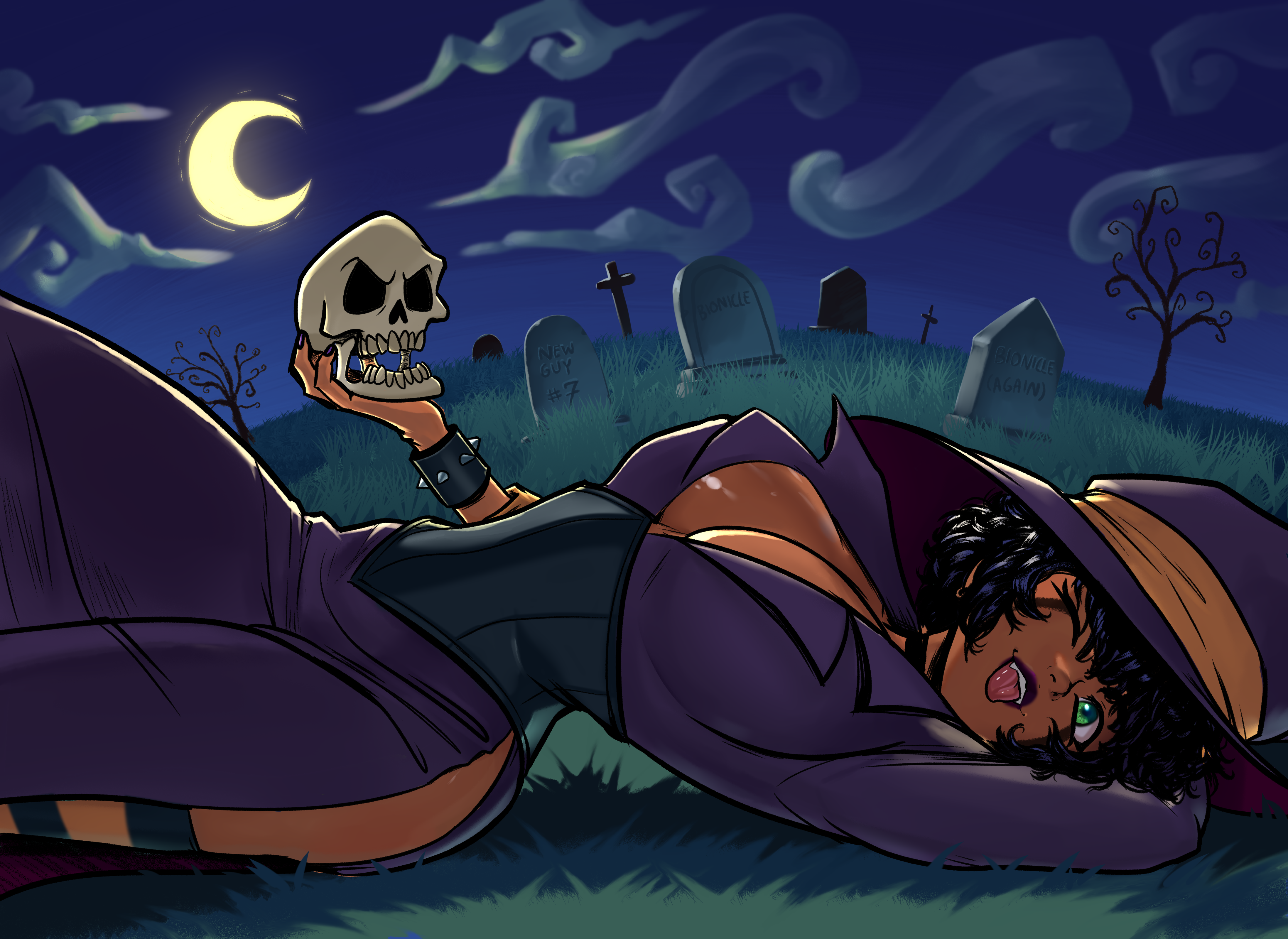 pencil comics, original, absurdres, highres, 1girl, breasts, cleavage, corset, dark-skinned female, dark skin, dress, halloween, halloween costume, hat, large breasts, moon, night, one eye closed, outdoors, purple dress, short hair, skull, tombstone, tongue, tongue out, witch, witch hat