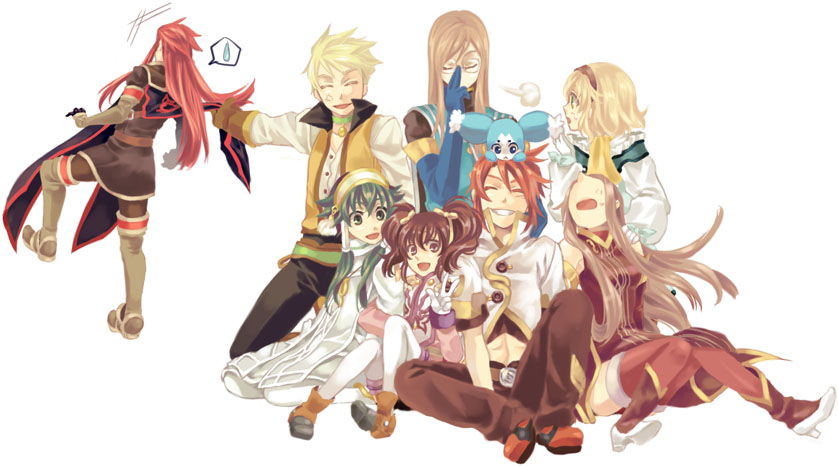 miho (mi), tsuyuka (sunny spot), anise tatlin, asch (tales), guy cecil, ion (tales), jade curtiss, luke fon fabre, mieu (tales), natalia luzu kimlasca lanvaldear, tear grants, tales of (series), tales of the abyss, 00s, 3girls, 5boys, ascot, blonde hair, blue eyes, blush, brown eyes, brown hair, elbow gloves, fleeing, glasses, gloves, green eyes, green hair, hair tubes, hairband, happy, long hair, multiple boys, multiple girls, red hair, short hair, short twintails, smile, surcoat, twintails, yellow ascot
