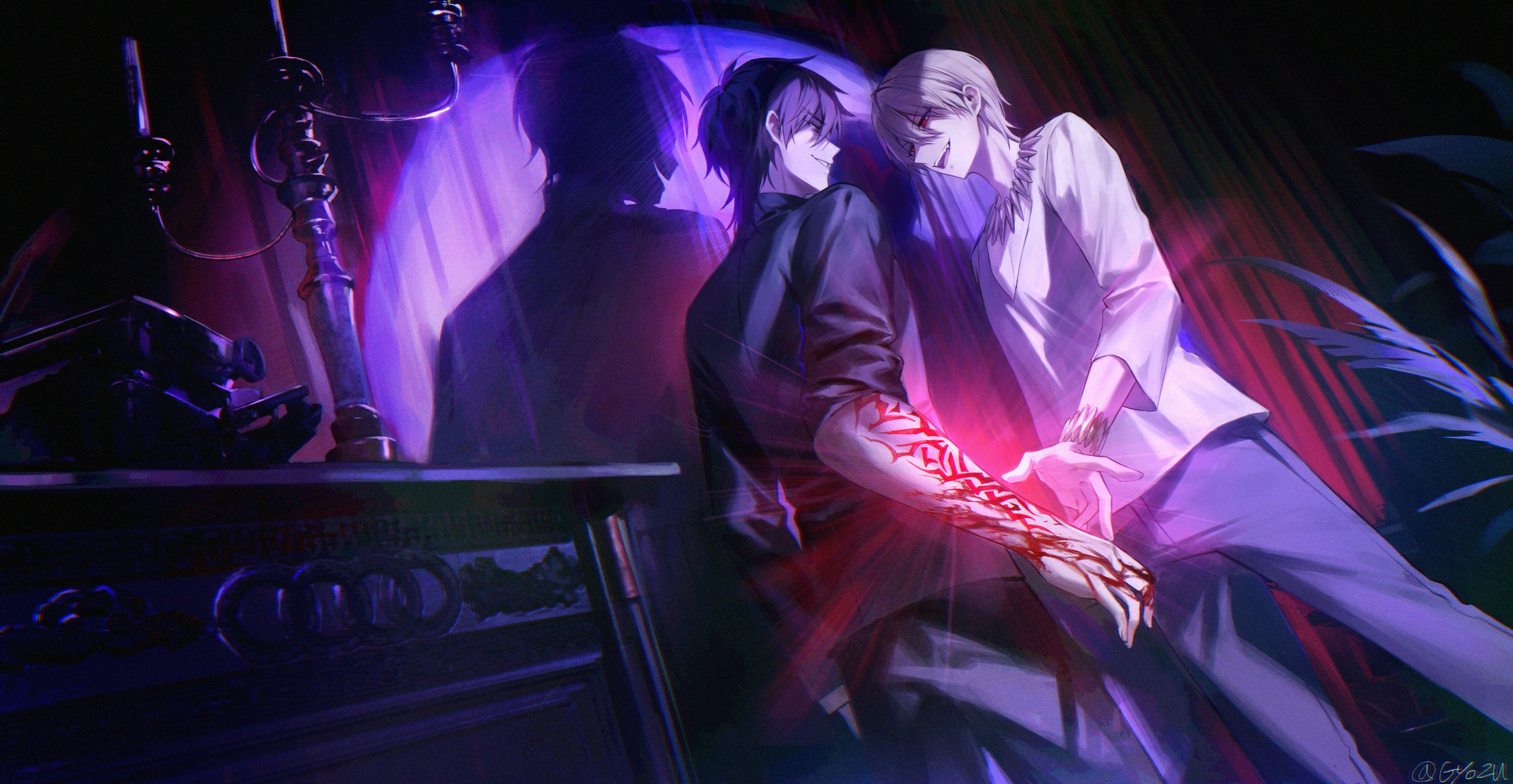 rijjin, gilgamesh (fate), kotomine kirei, fate/zero, fate (series), absurdres, highres, 2boys, black eyes, black hair, blonde hair, blood, blood on hands, bracelet, command spell, indoors, jewelry, male focus, multiple boys, necklace, open mouth, pants, red eyes, shadow, shirt, short hair, smile, spotlight, white shirt