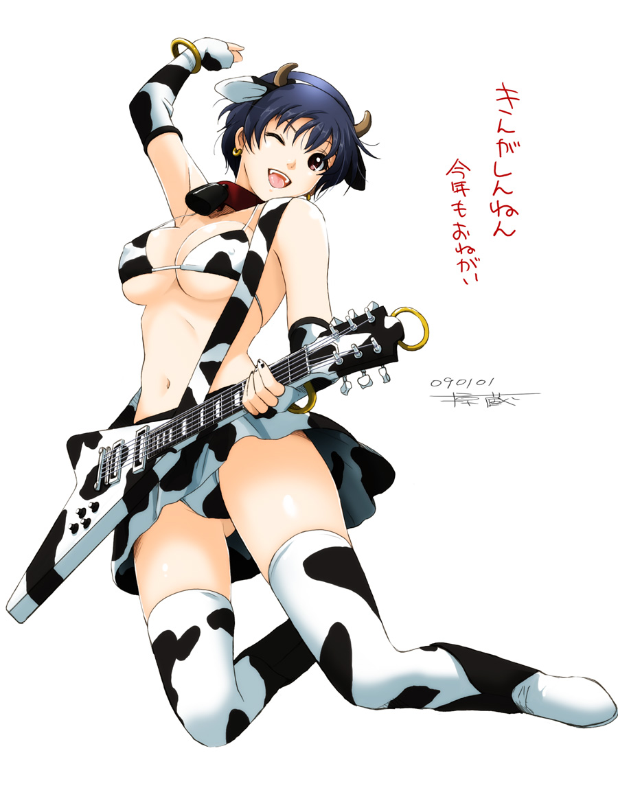 ryouzou, 1girl, ;d, animal ears, animal print, bell, bikini, bikini top only, blue hair, collar, cow ears, cow girl, cow print, elbow gloves, female focus, fingerless gloves, gloves, guitar, horns, instrument, midriff, miniskirt, navel, neck bell, one eye closed, open mouth, panties, pantyshot, simple background, skirt, smile, solo, swimsuit, thighhighs, underwear, upskirt, wink