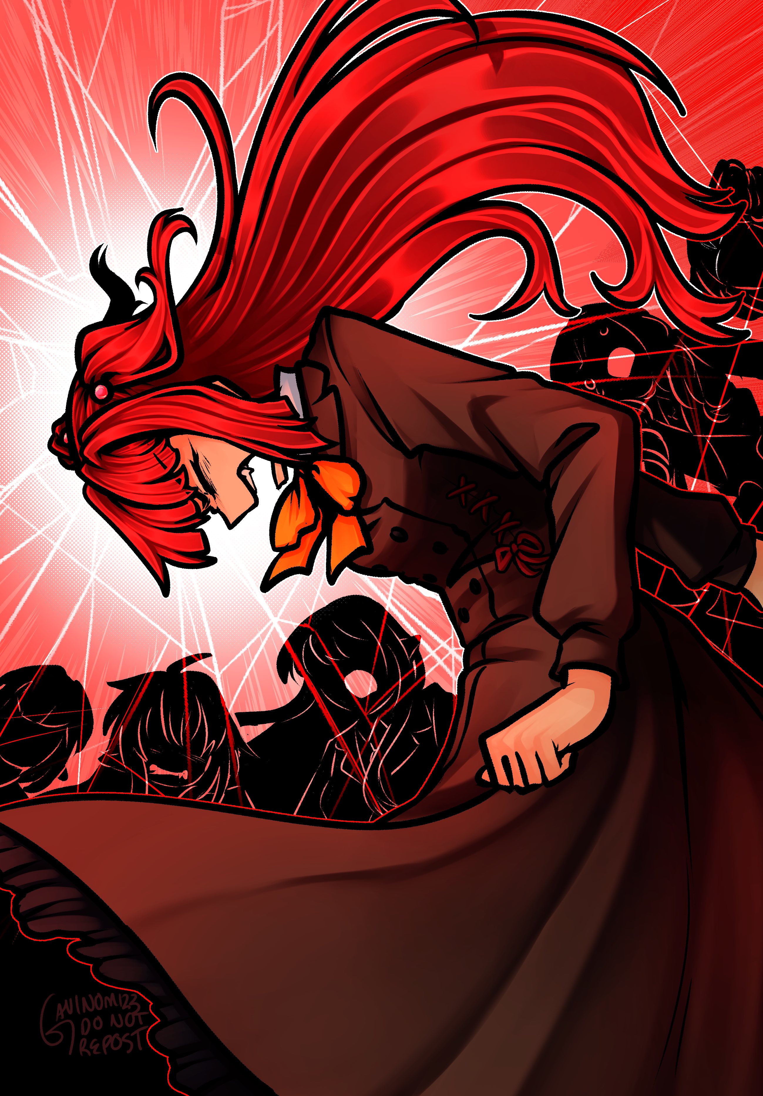 gavinom123, ushiromiya ange, umineko no naku koro ni, absurdres, highres, 6+girls, bow, brown coat, clenched hand, closed eyes, coat, dress, fang, hair bobbles, hair ornament, long hair, multiple girls, open mouth, red hair, school uniform, silhouette, st. lucia academy school uniform, twintails, two side up, yellow bow