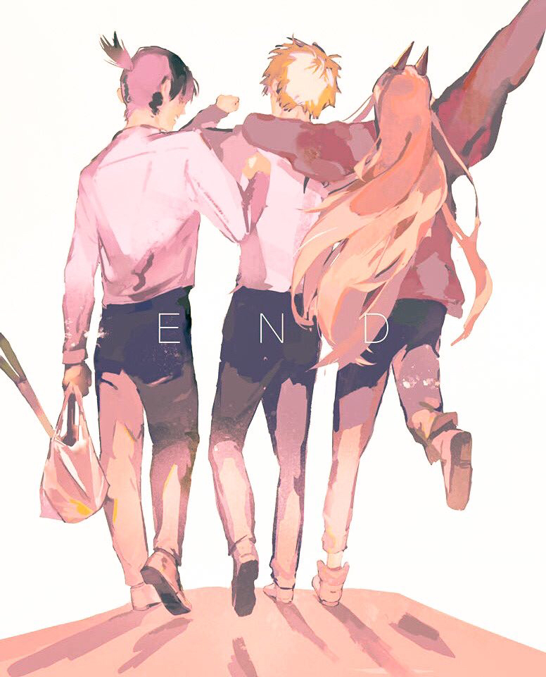 mitsubachi (roundbee), denji (chainsaw man), hayakawa aki, power (chainsaw man), chainsaw man, commentary, 1girl, 2boys, arm up, bag, black hair, black jacket, black pants, blonde hair, demon horns, dress shirt, english text, from behind, horns, jacket, long hair, multiple boys, pants, plastic bag, shirt, spring onion, straight hair, topknot, very long hair, walking, white shirt