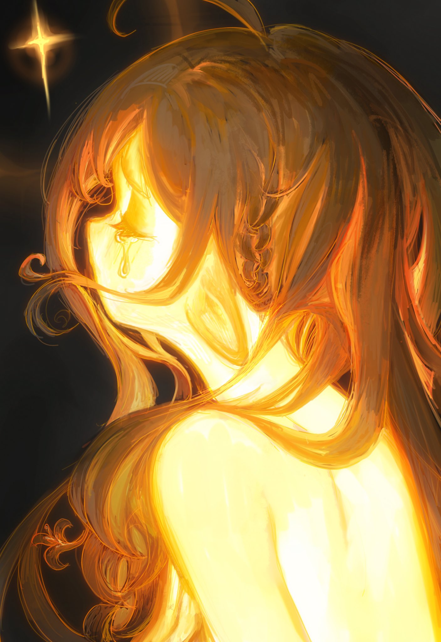 lalalolily, original, highres, 1girl, bare shoulders, closed eyes, colored skin, crying, dark background, eyelashes, from side, long hair, orange hair, profile, shiny skin, solo, streaming tears, tears, upper body, yellow skin