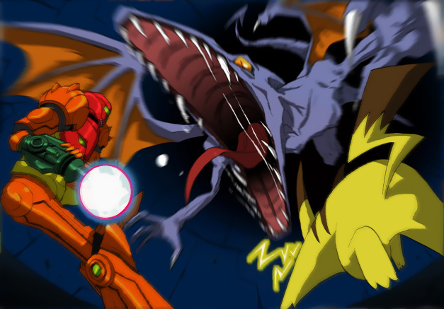 pikachu, ridley, samus aran, metroid, nintendo, pokemon, super smash bros., crossover, gen 1 pokemon, pokemon (creature), power suit (metroid), tail, varia suit, wings, yellow eyes
