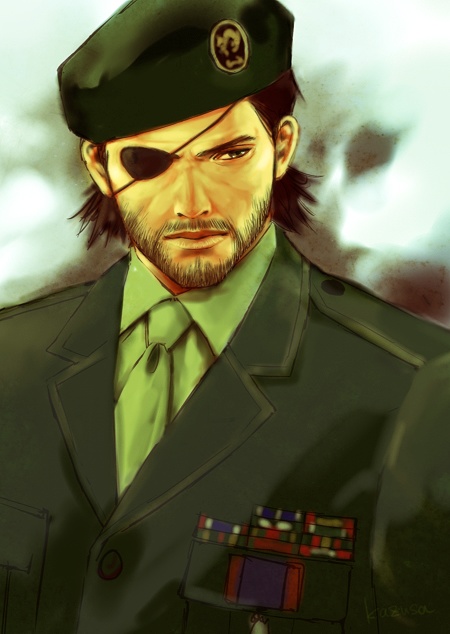 big boss, konami, metal gear (series), metal gear solid 3: snake eater, 1boy, beard, brown eyes, brown hair, eyepatch, facial hair, male focus, military, military uniform, solo