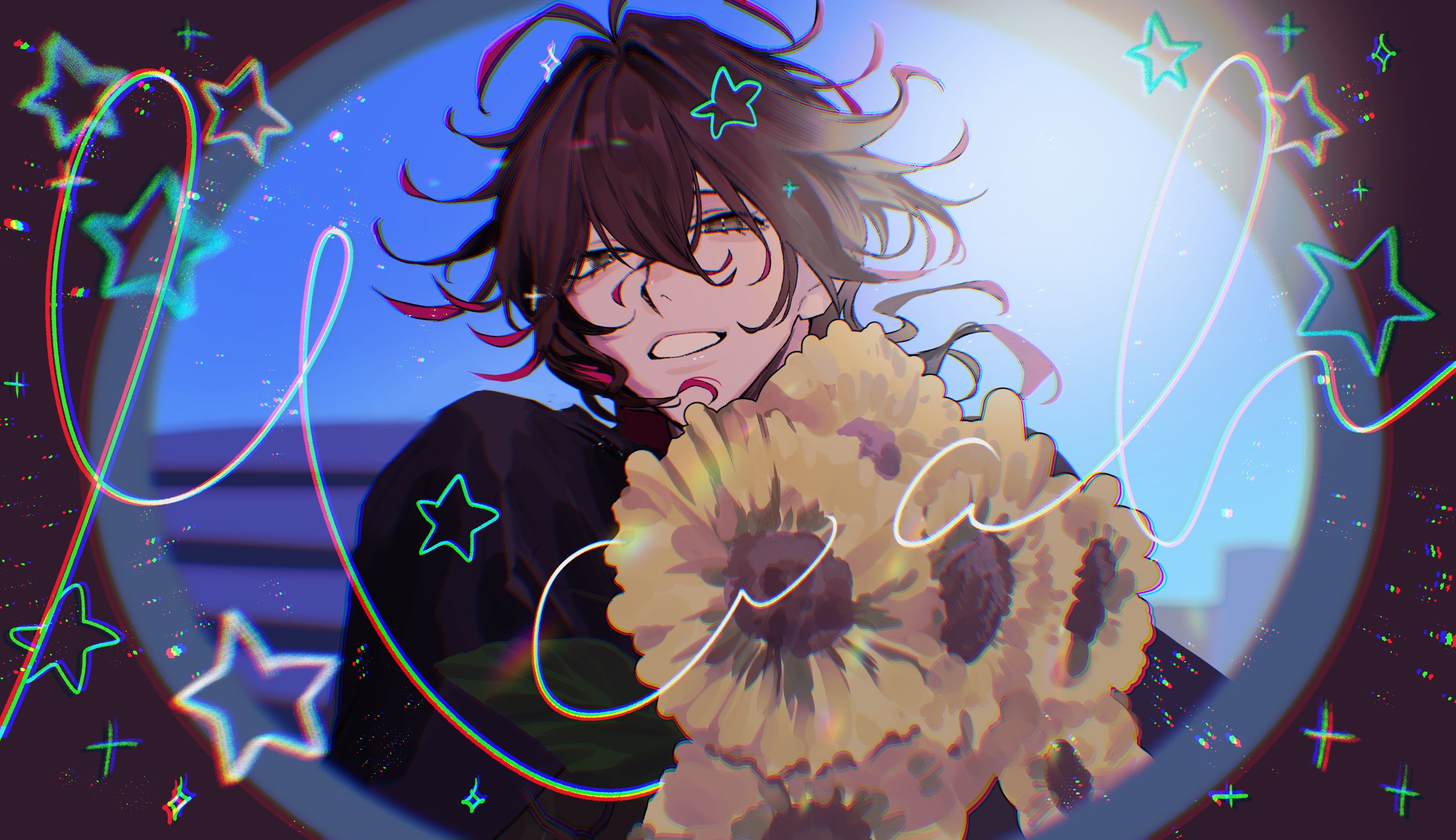 dante alighieri (fate), fate/grand order, fate (series), monitoring (vocaloid), absurdres, highres, 1boy, black hair, bouquet, curly hair, flower, gorilla burning, grey eyes, holding, holding bouquet, male focus, medium hair, multicolored hair, open mouth, pov peephole, red hair, shirt, smile, solo, sunflower, two-tone hair