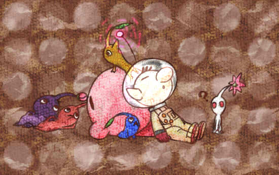 kirby, olimar, kirby (series), nintendo, pikmin (series), super smash bros., 1boy, ?, arm support, brown hair, flower, gloves, helmet, leaf, lying, male focus, nose, on back, on side, pikmin (creature), pointy ears, red eyes, spacesuit