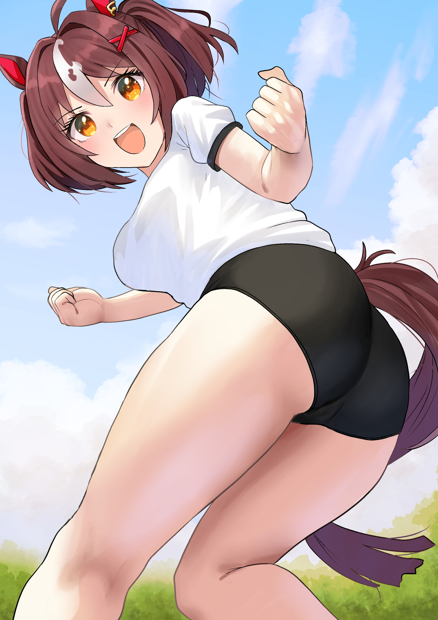 guutikutoyokawa, gran alegria (umamusume), umamusume, highres, 1girl, animal ears, black buruma, blue sky, blush, breasts, brown hair, brown tail, buruma, clenched hands, clothing cutout, cloud, cloudy sky, day, from behind, from below, hair intakes, hair ornament, horse ears, horse girl, horse tail, kneepits, large breasts, looking at viewer, open mouth, outdoors, shirt, short sleeves, sky, smile, solo, tail, tail through clothes, thighs, white shirt, white streaks, x hair ornament, yellow eyes