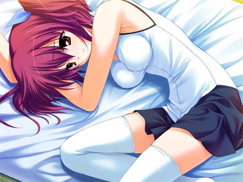 fumio (ura fmo), kuroda yui, hoshiuta, game cg, 1girl, bed, female focus, lying, miniskirt, red hair, ribbon, shirt, skirt, sleeveless, sleeveless shirt, solo, thighhighs, twintails, yellow eyes