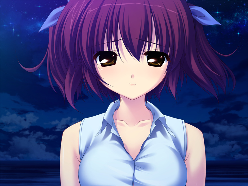 fumio (ura fmo), kuroda yui, hoshiuta, game cg, 1girl, female focus, night, red hair, ribbon, sad, shirt, sky, sleeveless, sleeveless shirt, solo, twintails, yellow eyes