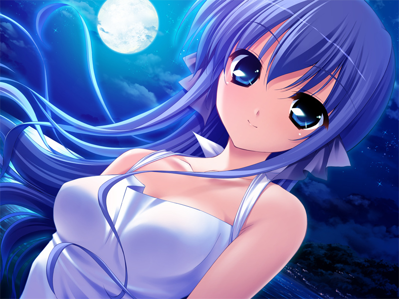 fumio (ura fmo), yamabuki renge, hoshiuta, game cg, 1girl, bare shoulders, blue eyes, dress, female focus, hair ornament, long hair, moon, purple hair, ribbon, smile, solo, white dress