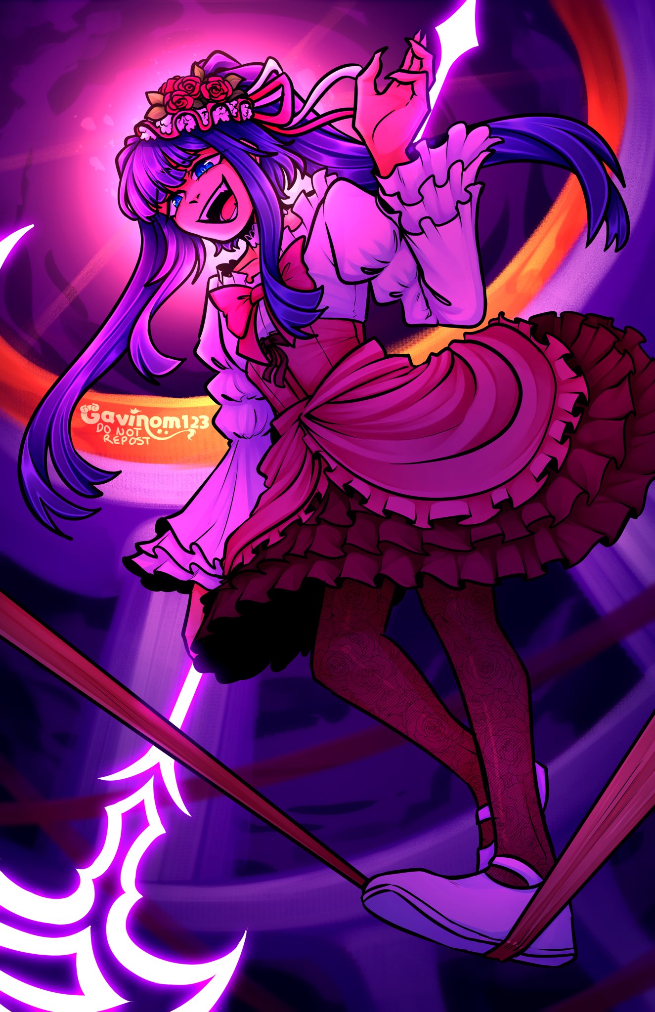gavinom123, furudo erika, umineko no naku koro ni, highres, 1girl, backlighting, blue eyes, blue hair, blunt bangs, bow, choker, dress, fangs, flower, frilled skirt, frills, hair flower, hair ornament, hat, long hair, open mouth, pantyhose, pillar, pink bow, print pantyhose, ribbon, rose, scythe, skirt, smile, solo, twintails