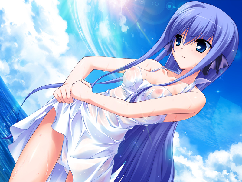 fumio (ura fmo), yamabuki renge, hoshiuta, game cg, 1girl, beach, blue eyes, breasts, dress, dress wring, dutch angle, female focus, halterneck, lens flare, long hair, nipples, ocean, purple hair, ribbon, see-through clothes, solo, wet, wet clothes, wet dress, wringing clothes