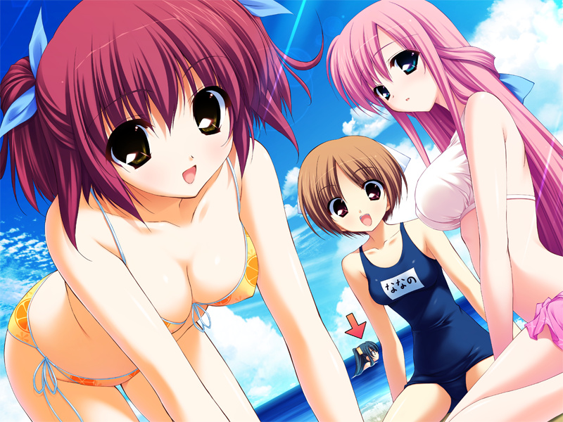 fumio (ura fmo), amamiya kurara, kinoshita midori, kuroda yui, suou nanano, hoshiuta, game cg, 4girls, beach, bikini, blue eyes, breasts, brown eyes, brown hair, cleavage, cloud, day, front-tie top, green hair, large breasts, long hair, medium breasts, multiple girls, one-piece swimsuit, open mouth, outdoors, pink hair, purple eyes, red hair, ribbon, school swimsuit, short hair, side-tie bikini bottom, sky, small breasts, smile, string bikini, swimming, swimsuit, twintails, yellow eyes