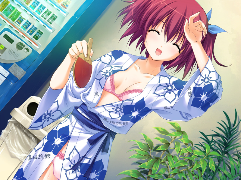 fumio (ura fmo), kuroda yui, hoshiuta, game cg, 1girl, bra, closed eyes, female focus, japanese clothes, kimono, lingerie, paddle, panties, pink bra, pink panties, red hair, ribbon, smile, solo, sweat, table tennis, table tennis paddle, twintails, underwear, vending machine, yukata