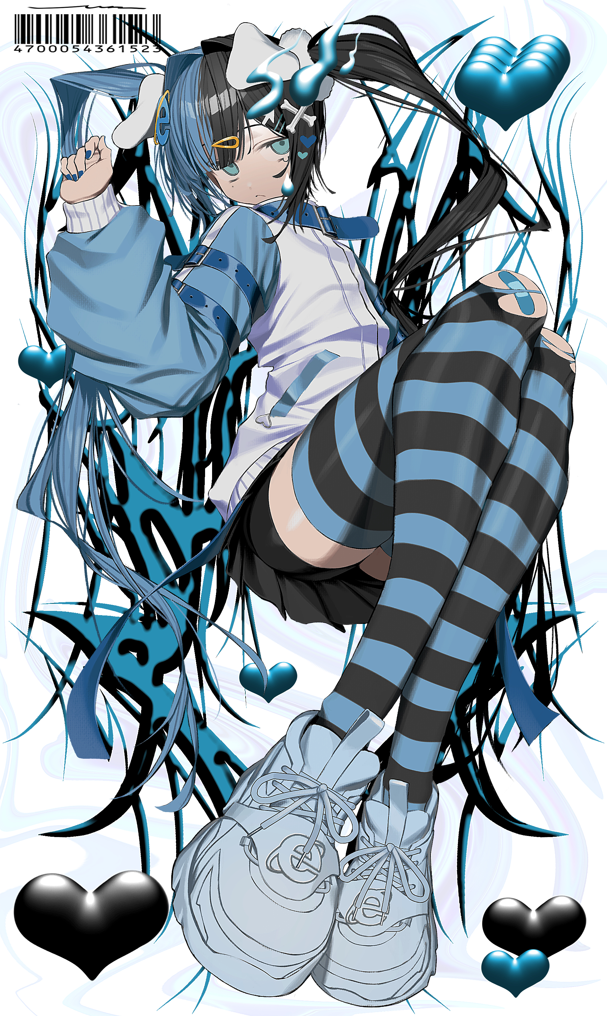 signal 1120, internet explorer, original, absurdres, commentary, commission, highres, skeb commission, 1girl, bandaid, bandaid on knee, bandaid on leg, barcode, blue eyes, blue nails, heart, long hair, multicolored hair, socks, solo, split-color hair, striped clothes, striped socks, twintails
