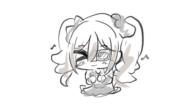 kawamochi (kawauti919), kanzaki ranko, idolmaster, idolmaster cinderella girls, > <, 1girl, blush, chibi, closed eyes, closed mouth, dress, eighth note, eyepatch, facing viewer, greyscale, hair between eyes, long hair, medical eyepatch, monochrome, musical note, simple background, solo, twintails, very long hair, white background