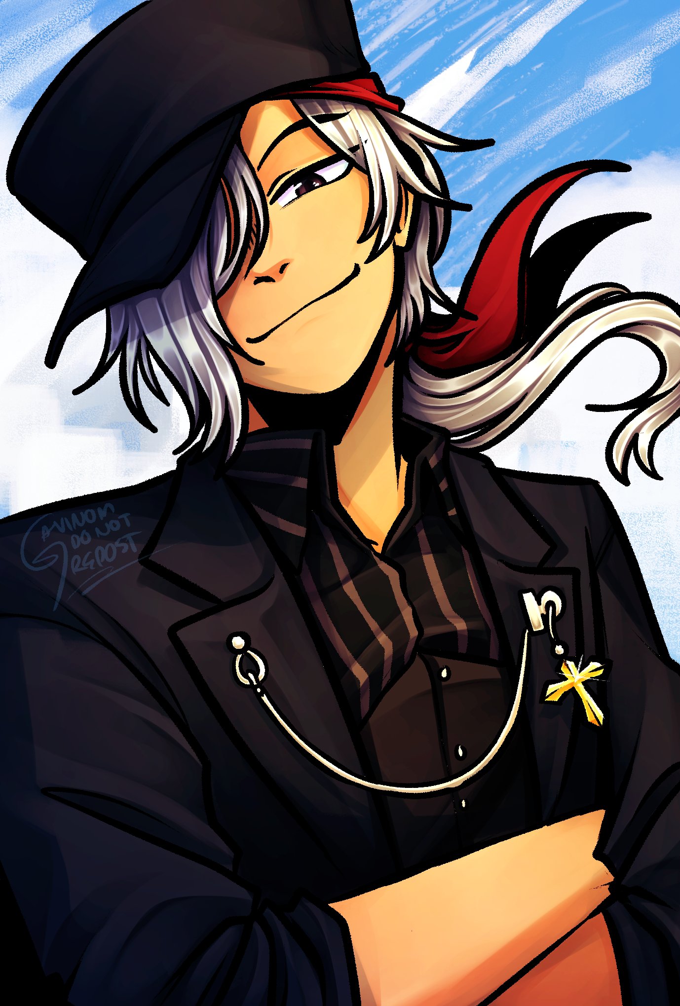 gavinom123, amakusa juuza, umineko no naku koro ni, highres, 1boy, black suit, blue sky, brown eyes, cross, crossed arms, formal clothes, hat, pinstripe pattern, ponytail, red ribbon, ribbon, short hair, sky, smile, solo, suit, white hair