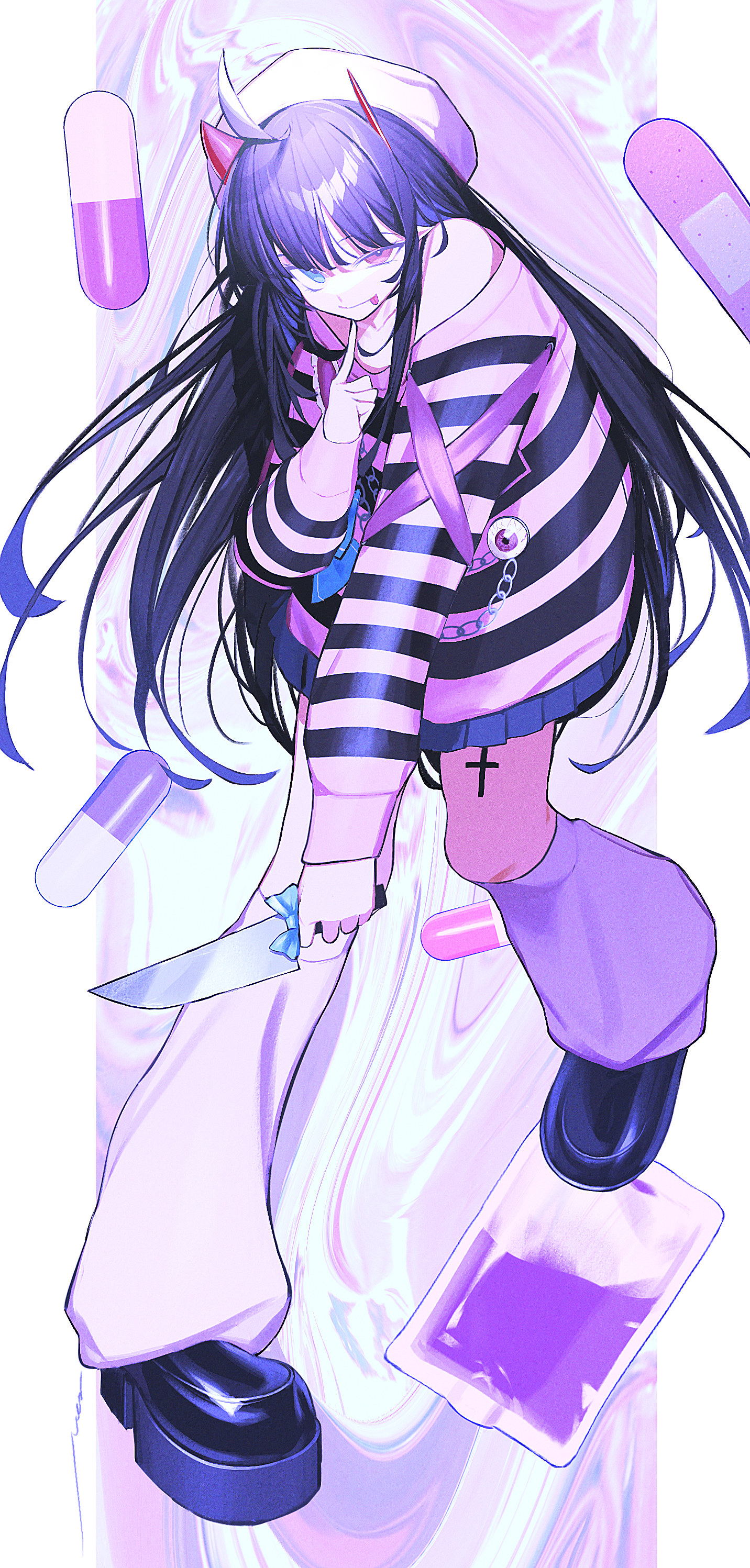 signal 1120, original, absurdres, commentary, commission, highres, skeb commission, ahoge, bandaid, chain, eyeball, heterochromia, holding, holding knife, horns, knife, long hair, pill, tongue, tongue out