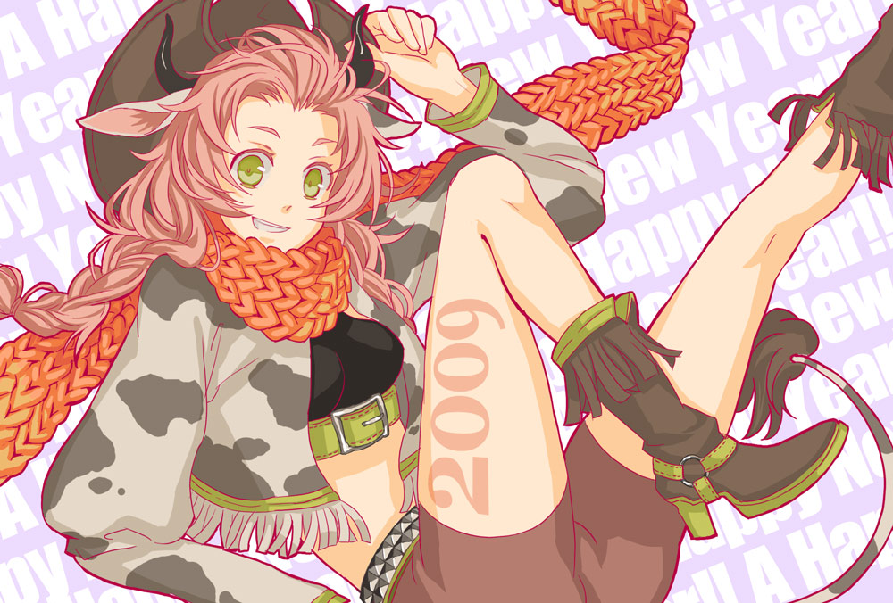 osamu (jagabata), bad id, bad pixiv id, 00s, 1girl, 2009, animal ears, animal print, belt, bike shorts, boots, braid, cow, cow ears, cow girl, cow print, cowboy, cowboy boots, cowboy hat, cowboy western, cowgirl (western), female focus, fringe trim, green eyes, hat, horns, new year, orange scarf, pink hair, scarf, smirk, solo, studded belt, tail, twin braids, western